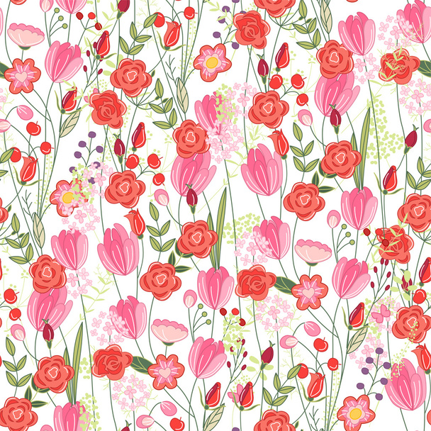 Floral seamless pattern with red tulips and roses. Endless texture for romantic  design, decoration,  greeting cards, posters,  invitations, advertisement. - Vector, Image