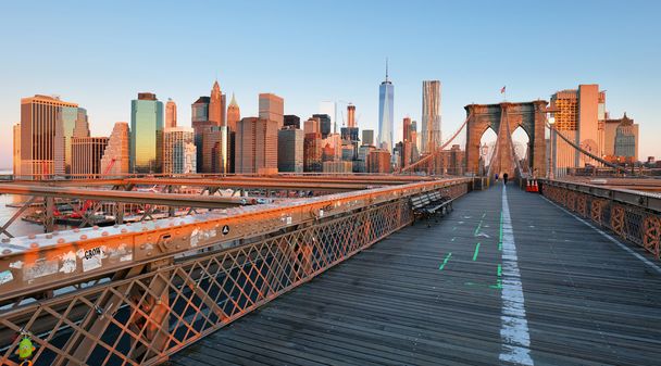 Бруклинский мост на рассвете, Нью-Йорк, Манхэттен - Фото, изображение