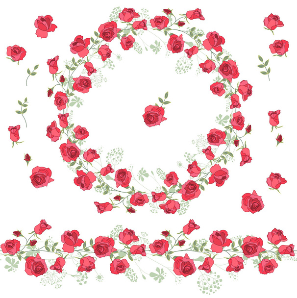 Detailed contour wreath with herbs and roses  on white. Round floral frame for your design, greeting cards, wedding announcements, posters.Endless horizontal pattern brush. - Wektor, obraz