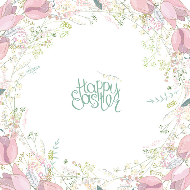 Floral square greeting card with stylized herbs and pink tulips.  Phrase Happy Easter. - Vector, Image
