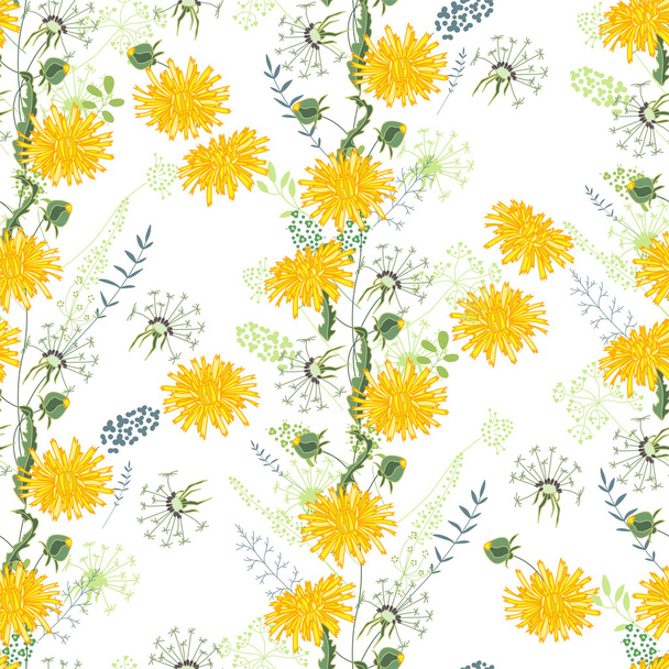 Floral seamless pattern made of yellow dandelions. Endless texture for romantic and spring design, decoration,  greeting cards, posters,  invitations, advertisement. - Vector, imagen