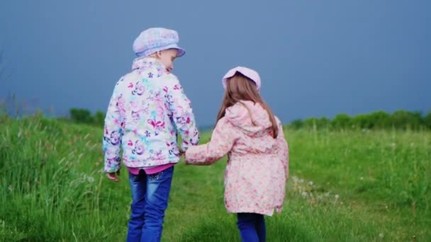 Due ragazze 5 e 3 anni che scappano in lontananza su una strada di campagna. Sullo sfondo di un cielo tempestoso
 - Filmati, video