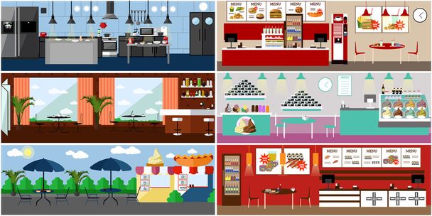 Vector banner with restaurant interiors. Kitchen, dining room, street cafe and fast food restaurant. Illustration in flat design - Вектор,изображение