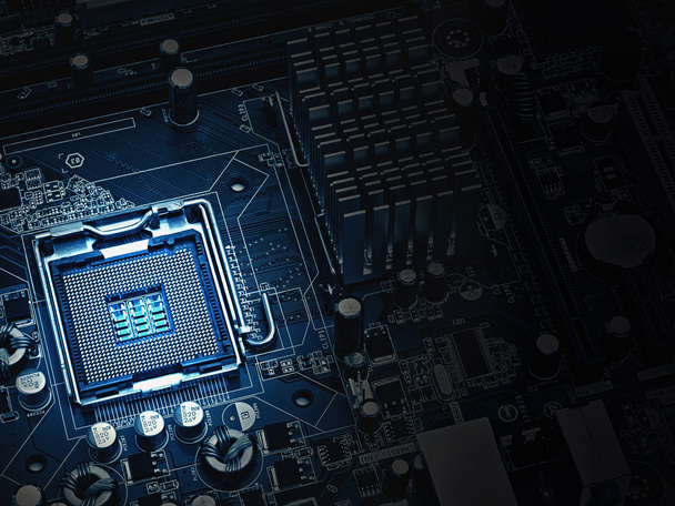 PC moederbord close-up, blauwe Toon - Foto, afbeelding