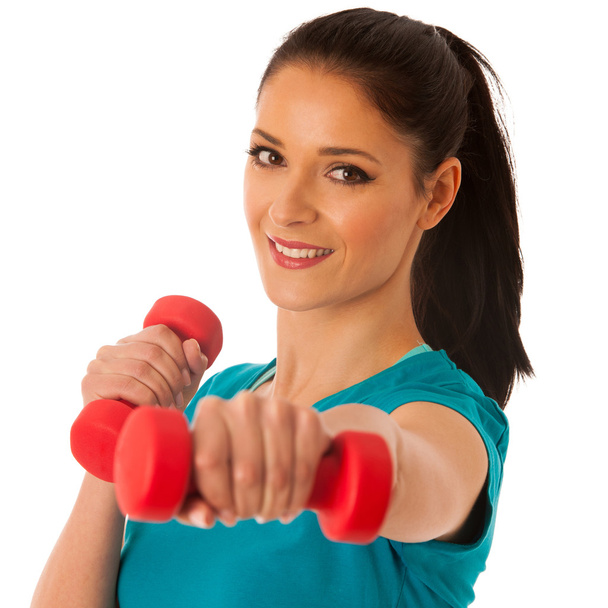 active woman with dumbbells workout in fitness gym isolated over - Fotografie, Obrázek