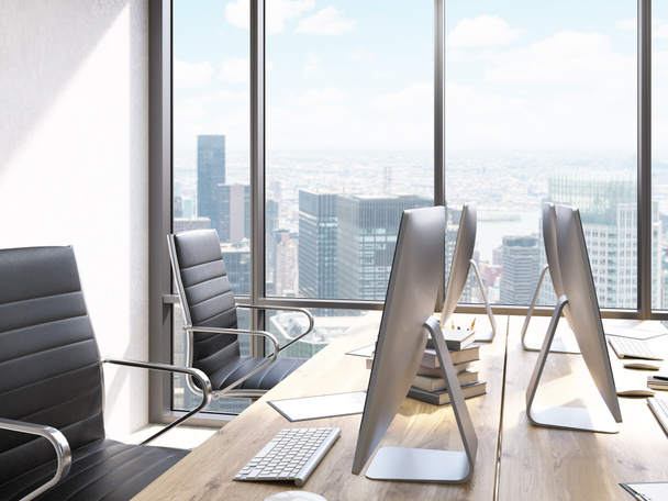 Closeup of workplace in coworking office interior with New York city view. 3D Rendering - Photo, Image