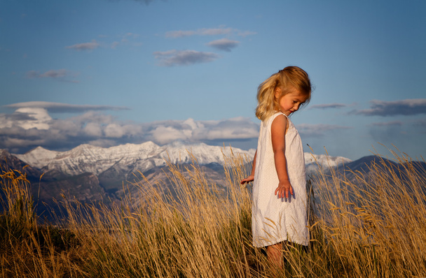 klein meisje lopen door hoog gras - Foto, afbeelding