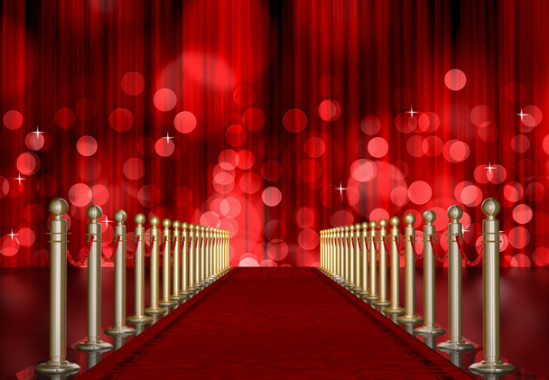 kırmızı halı giriş perde üzerinde kırmızı ışık patlaması ile - Fotoğraf, Görsel