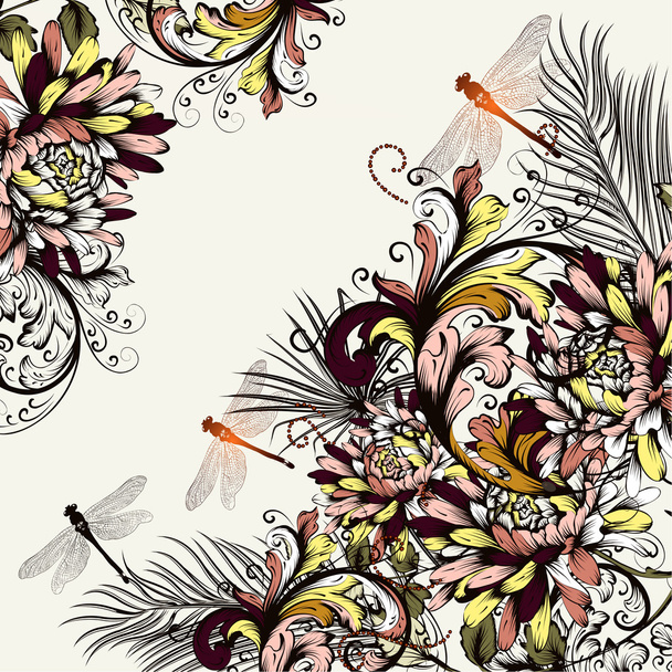 Beautiful floral background with colorful ornament and dragonfly - Vecteur, image