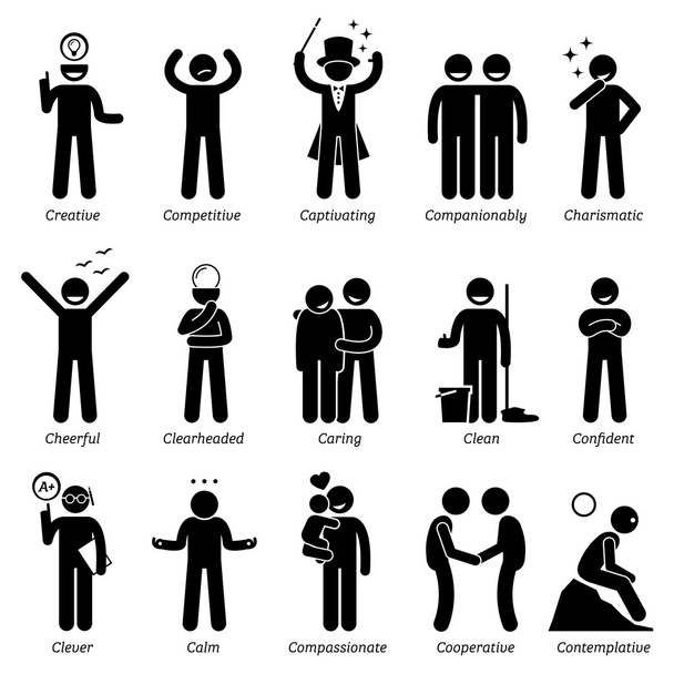 Positive Personalities Character Traits. Stick Figures Man Icons. Starting with the Alphabet C. - Vector, Image