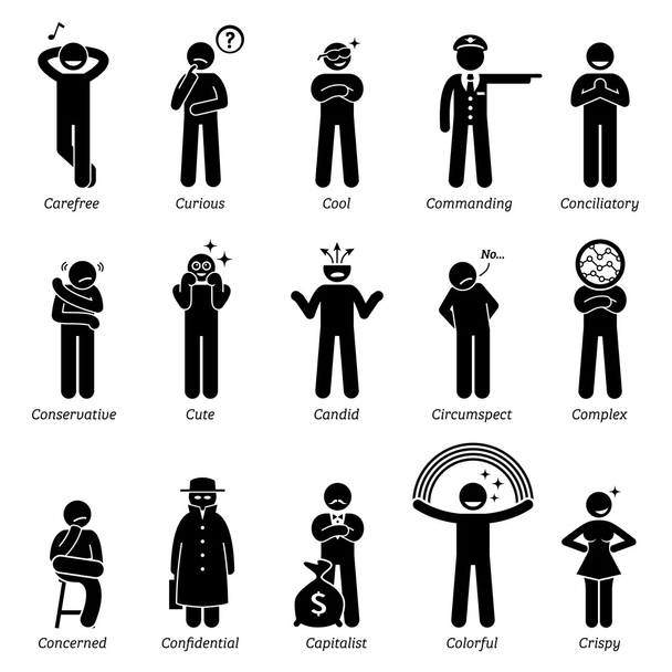 Personalidades neutrales Rasgos de carácter. Figuras de palo Hombre iconos. Comenzando por el Alfabeto C. - Vector, imagen