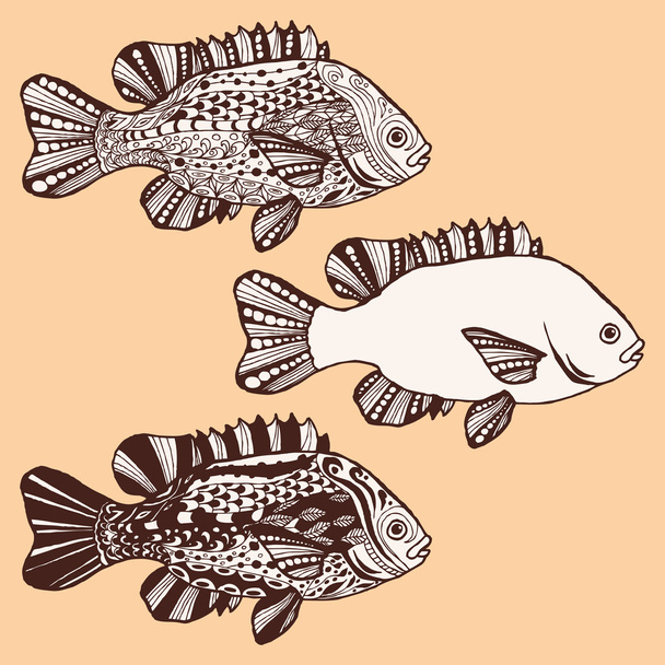 Fish. Hand-drawn fantasy fish with ethnic doodle pattern.  - Vector, afbeelding