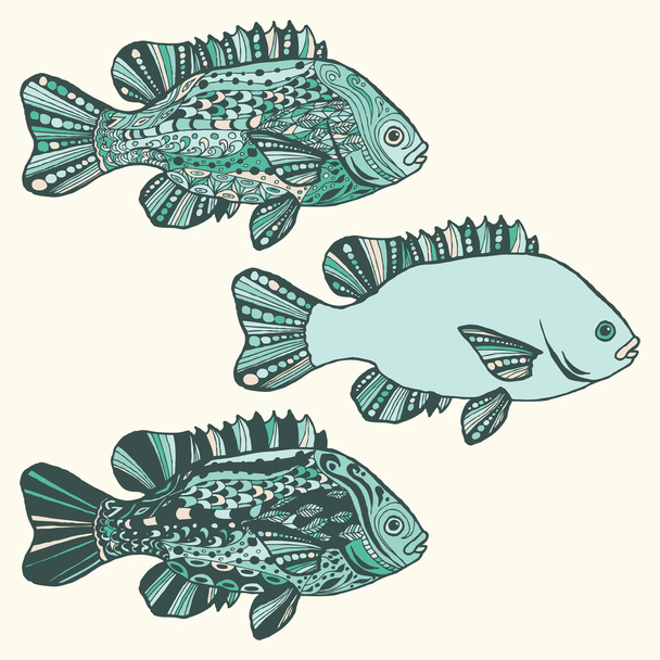 Vis. Fantasie handgetekende vis met etnische doodle patroon.  - Vector, afbeelding