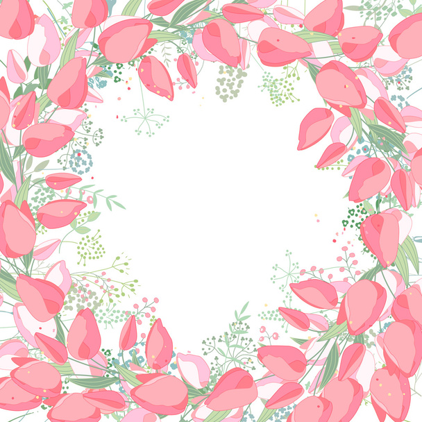 Floral abstract square template with stylized herbs and pink tulips.  Silhouette of plants. - Vector, afbeelding