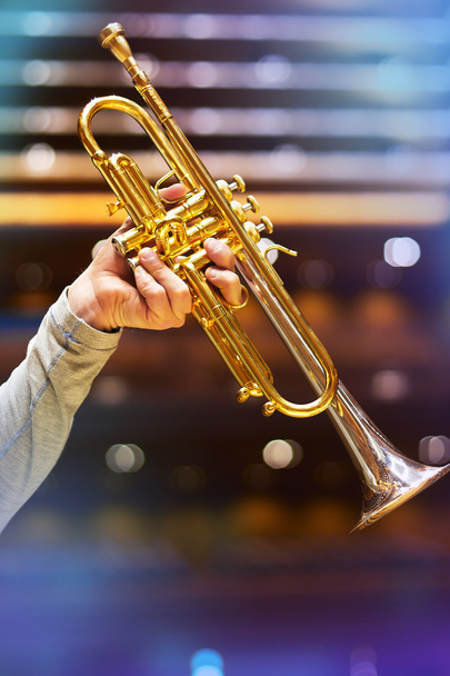 Trumpeter on stage.wind instrument. Trumpet. Concert Hall. Wind Instruments - Photo, Image