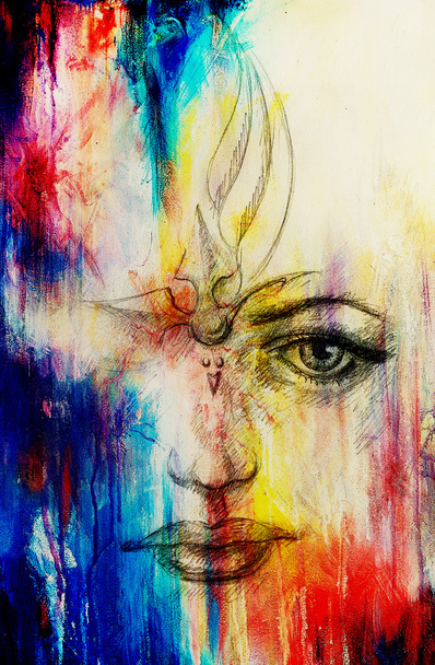Мистическое женское лицо. карандашный рисунок на бумаге, цветовой эффект
. - Фото, изображение