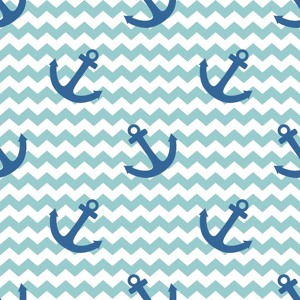 Tile sailor vector pattern with anchor on white and blue stripes background - Вектор, зображення