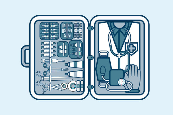 ilustrace z lékařského vybavení, léky, prášky, nářadí, oblečení ve stylu čáry - Vektor, obrázek