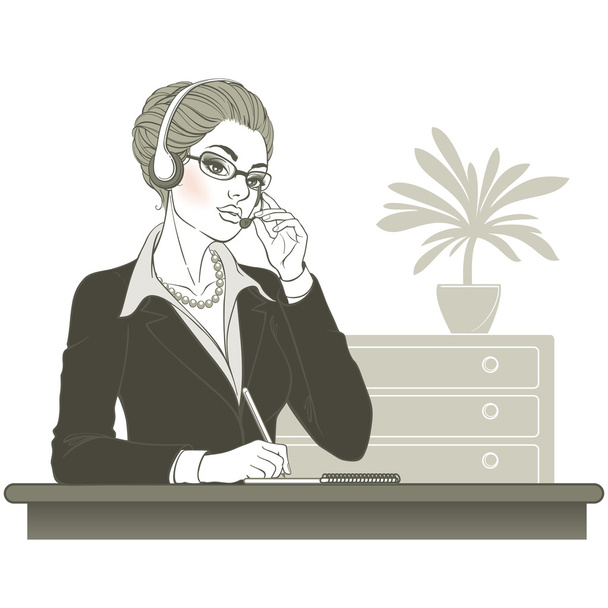 Operador de centro de llamadas con portátil y auriculares en el lugar de trabajo
 - Vector, Imagen