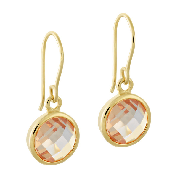ein Paar goldene Ohrringe mit einem glänzenden Edelstein in Form eines Kreises - Foto, Bild