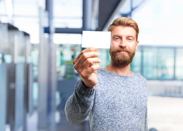 blond hipster man with white card - Foto, Imagen