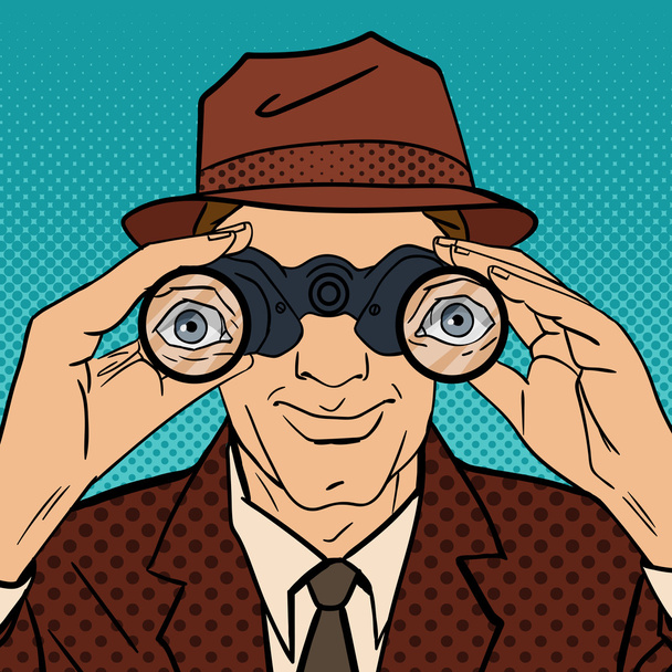 Detective with Binoculars. Man in Hat Spying for Somebody. Vintage Detective. Pop Art. Vector illustration - Vector, Image