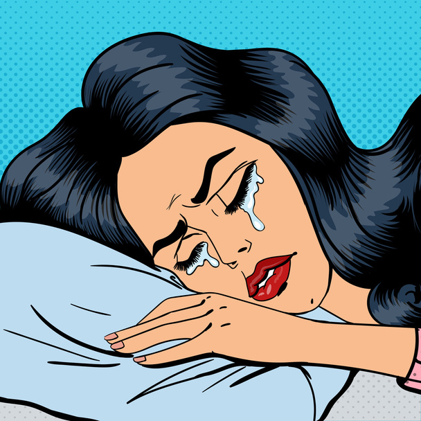 Mujer llorona. Mujer exhausta. Mujer llorando en una almohada. Arte Pop. Ilustración vectorial
 - Vector, Imagen