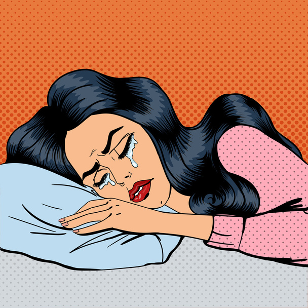 Плачущая женщина. Измученная женщина. Женщина плачет в подушке. Поп-арт Векторная иллюстрация
 - Вектор,изображение