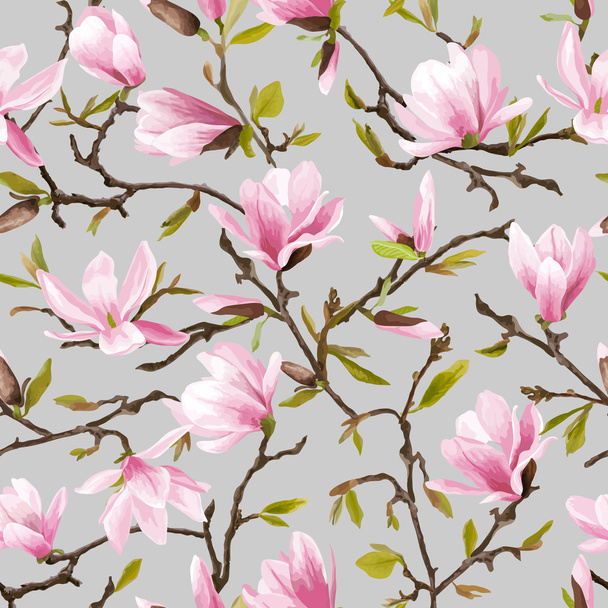 Seamless Floral Pattern. Magnolia Flowers and Leaves Background. Exotic Flower. Vector - Vetor, Imagem