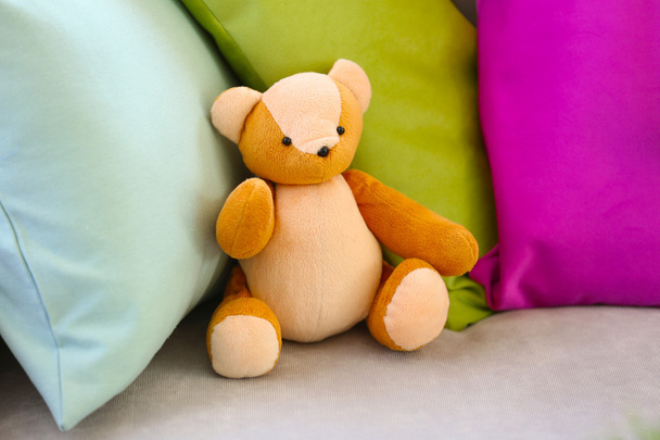 teddy bear with colorful pillows - Фото, зображення