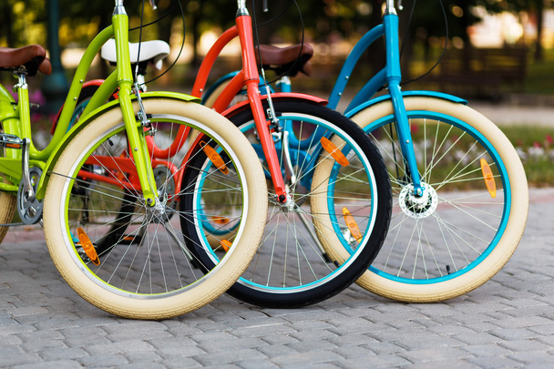 Trzy rowery miejskie pięknej pani - Zdjęcie, obraz
