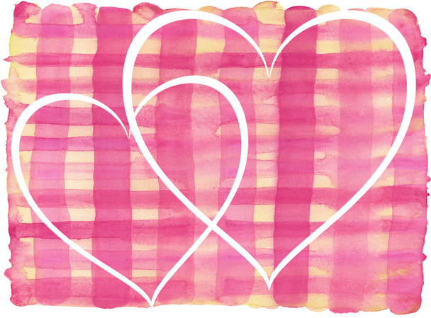 rosa, gelbe Linien gemaltes Aquarellmuster mit weißen Herzen - Foto, Bild
