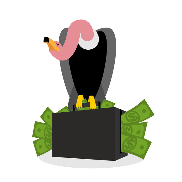 Vulture zittend op koffer van geld. Griffon en veel geld. C - Vector, afbeelding
