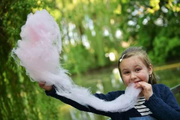 Adorable little girl eating candy-floss outdoors at summer - Фото, зображення