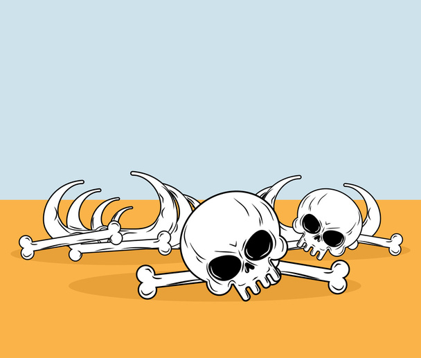 Skeleton in desert. Skull and bones lying on yellow sand. Dead d - Διάνυσμα, εικόνα