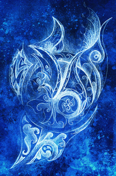 Ornamental Drawing. Original hand draw and computer collage. Color structure. Blue color structure. - Foto, afbeelding