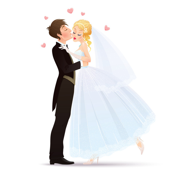 Bridegroom kissing his charming and shyness bride - Vettoriali, immagini