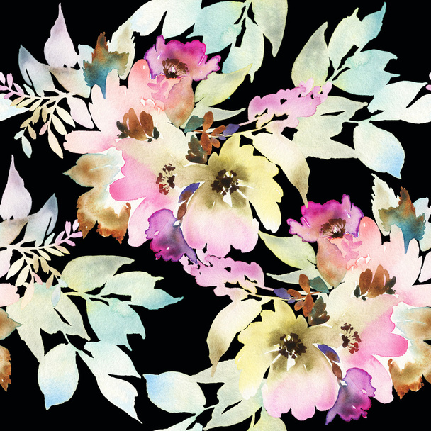 Seamless pattern with flowers watercolor - Fotoğraf, Görsel