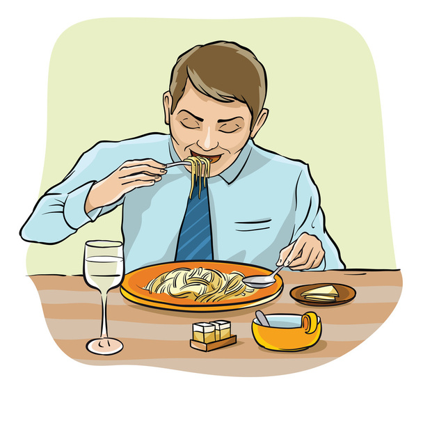 Ember eszik spagetti - Vektor, kép