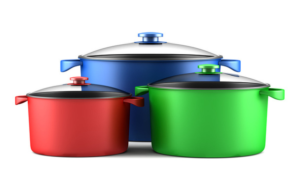 Три кольорові сковороди для приготування їжі ізольовані на білому тлі
 - Фото, зображення