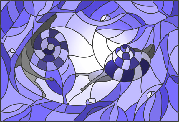 Ilustración de vidrieras de un caracol en una rama contra el cielo y el sol en tonos azules
 - Vector, imagen
