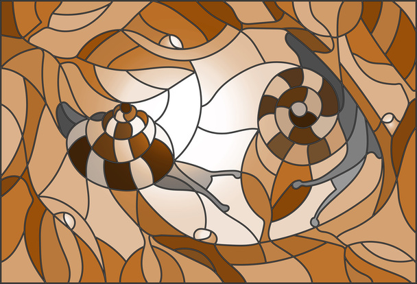 Stained glass illustration of a snail on a branch against the sky and the sun,in brown tones - Vector, Image