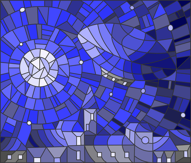 Иллюстрация в витражном стиле дирижабля над городом ночью среди звезд и луны, ночной городской пейзаж в синем тоне
 - Вектор,изображение