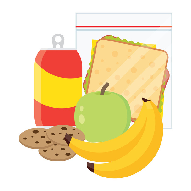 school lunch apple, banana, sandwich and cookies - Vector, Image