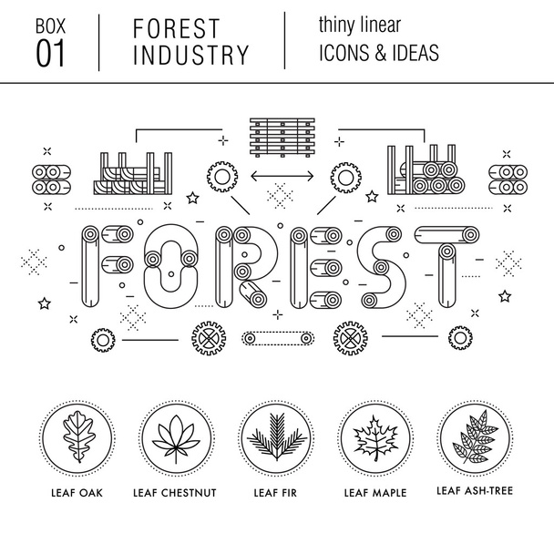 Forest industry in modern thin linear style with various timber  - Vector, Image