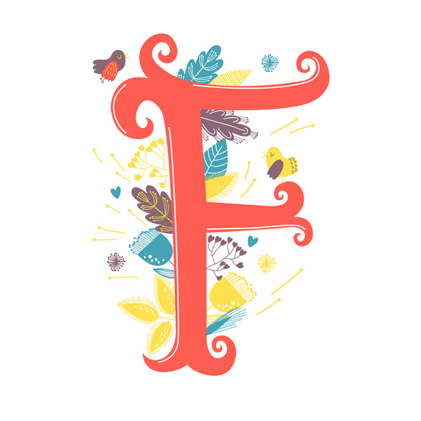  letter f with flowers and bird - Вектор, зображення