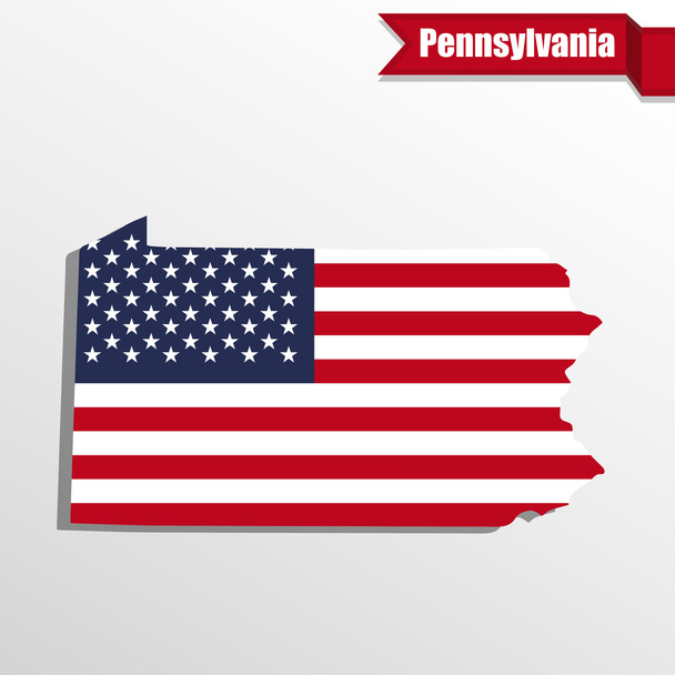 Карта штата Пенсильвания с флагом США и лентой
 - Вектор,изображение