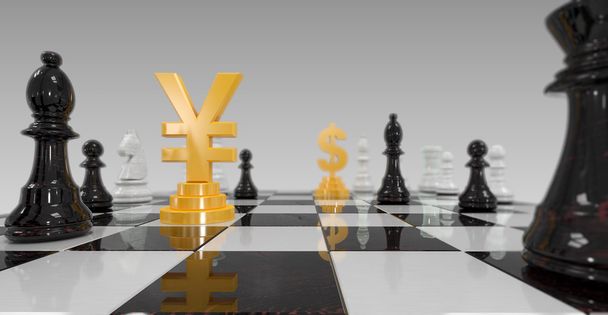 3D Illustration des Währungskrieges auf dem Schachbrett - Foto, Bild