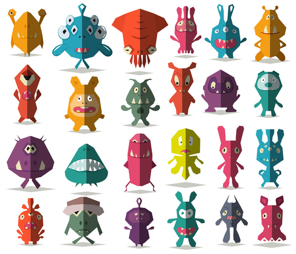 24 cute doodle monsters with folded style - Vektör, Görsel