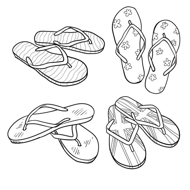 Set of summer footwear. doodle cartoon flip flops isolated on white - Vector, Image